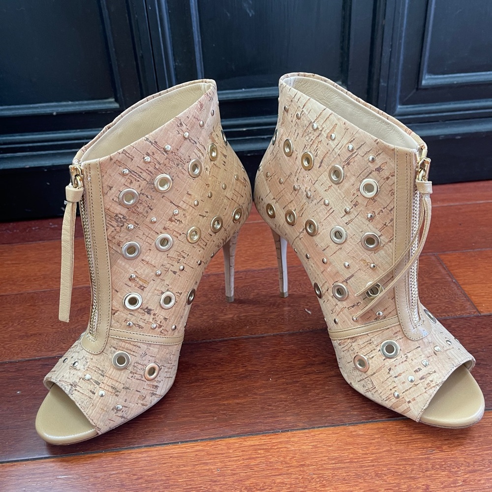 Jerome Rousseau Stylish Tan Peep-Toe Ankle Boots 7 or 37